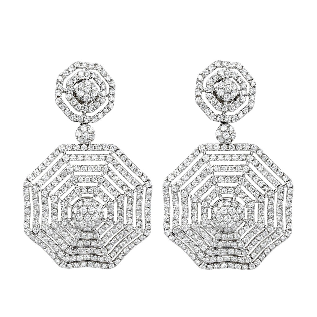 14K white gold octagon drop diamond earrings with rose top and dangling charm