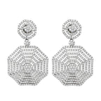 14K white gold octagon drop diamond earrings with rose top and dangling charm