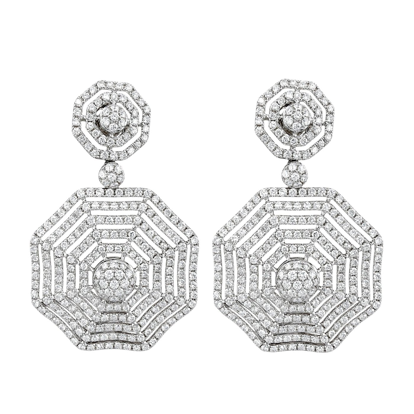 14K white gold octagon drop diamond earrings with rose top and dangling charm