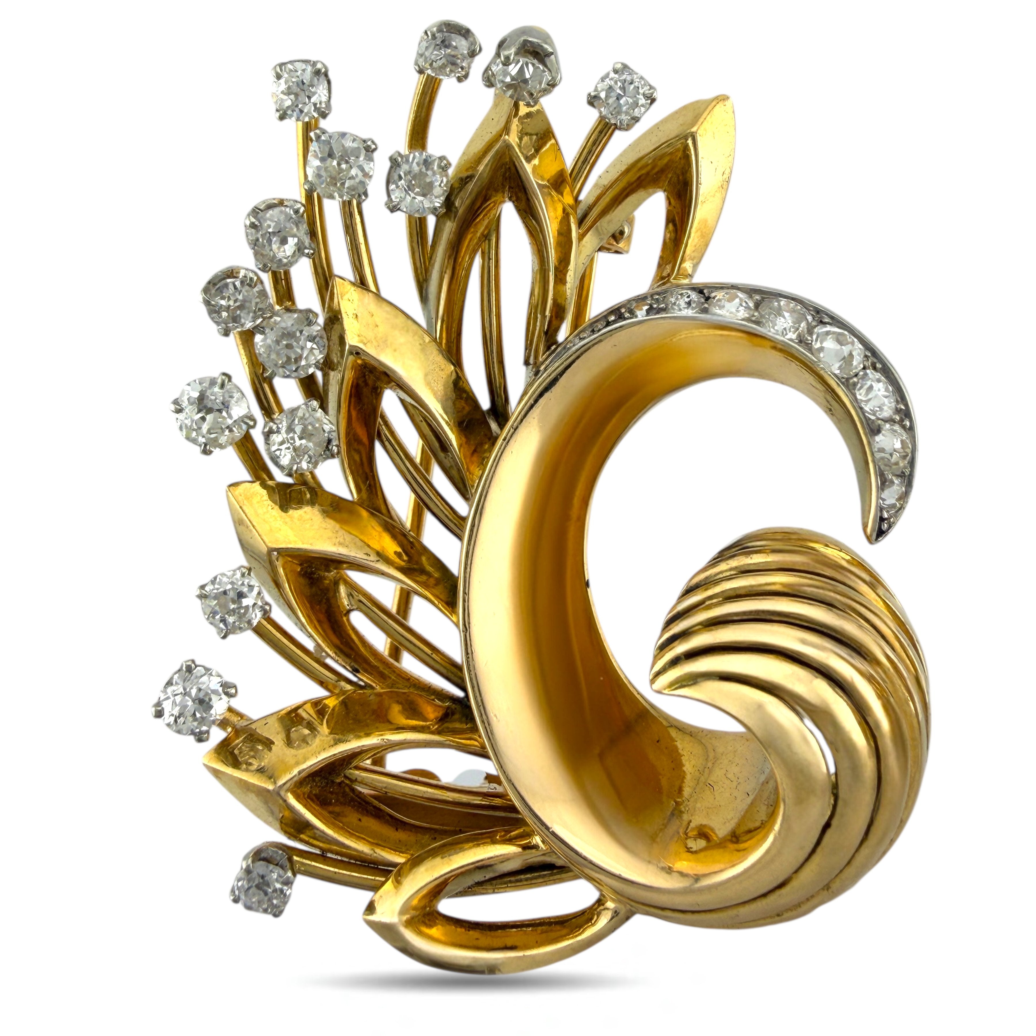 Brooch - 18 kt. Yellow gold, Exclusive French 18K Yellow Gold Three-Piece 3.41ct Diamond Brooch -  3.41ct. tw. Diamond (Natural)