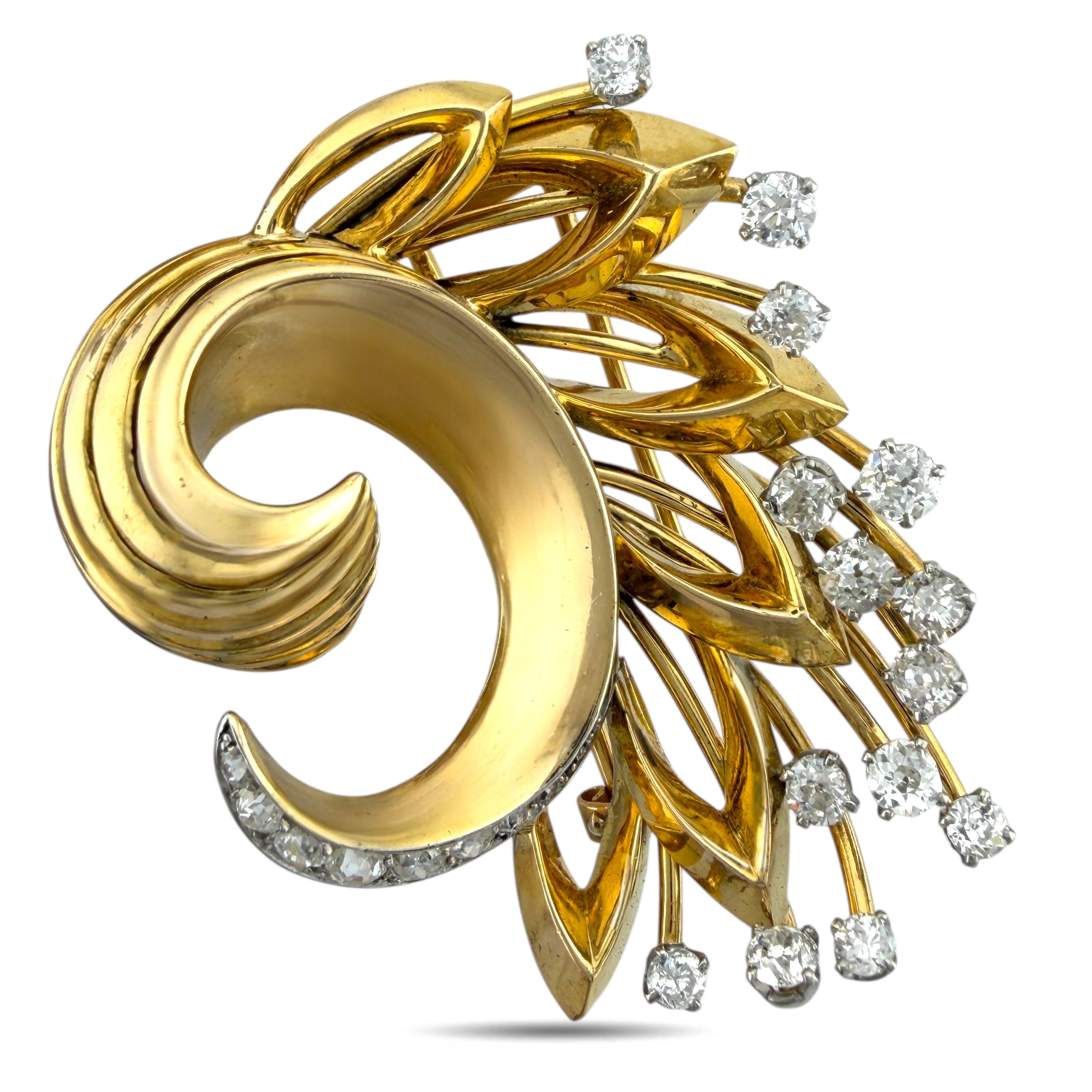 Brooch - 18 kt. Yellow gold, Exclusive French 18K Yellow Gold Three-Piece 3.41ct Diamond Brooch -  3.41ct. tw. Diamond (Natural)