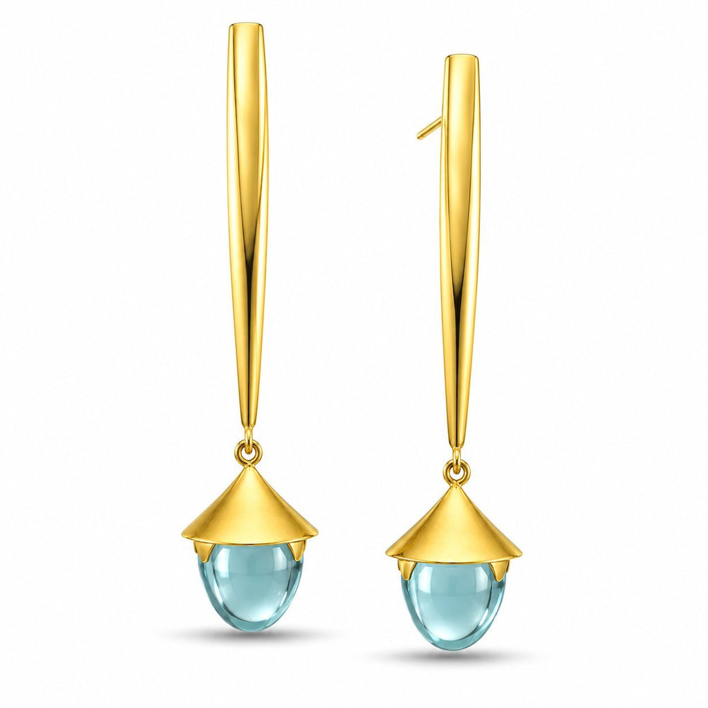 18K yellow gold dangle earrings with blue teardrop gemstones and gold caps
