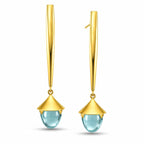 18K yellow gold dangle earrings with blue teardrop gemstones and gold caps