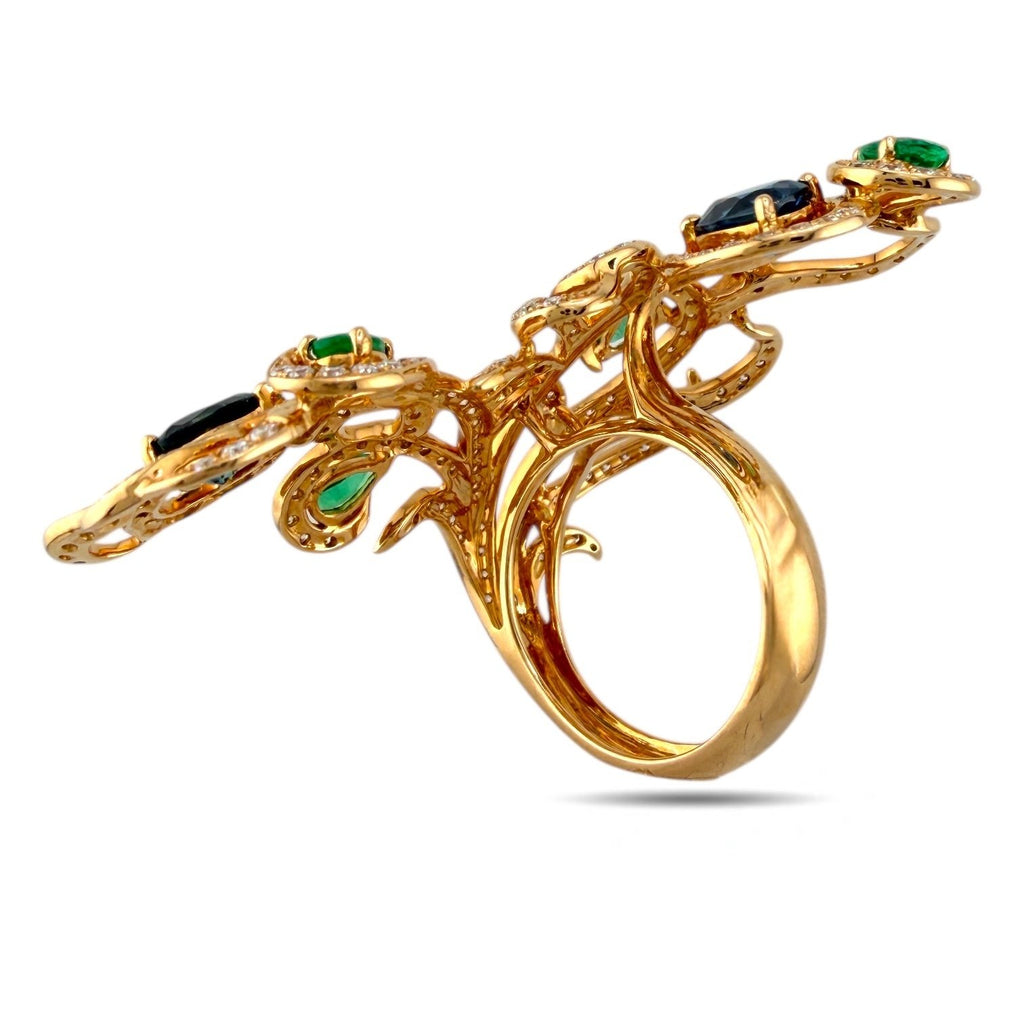 18K Rose Gold 1.92ct Diamond, Emerald and Blue Sapphire Branch Ring