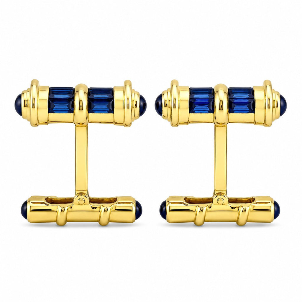 18K yellow gold sapphire cufflinks with blue barrel accents and hinged T-backs