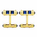18K yellow gold sapphire cufflinks with blue barrel accents and hinged T-backs