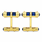 18K yellow gold sapphire cufflinks with blue barrel accents and hinged T-backs