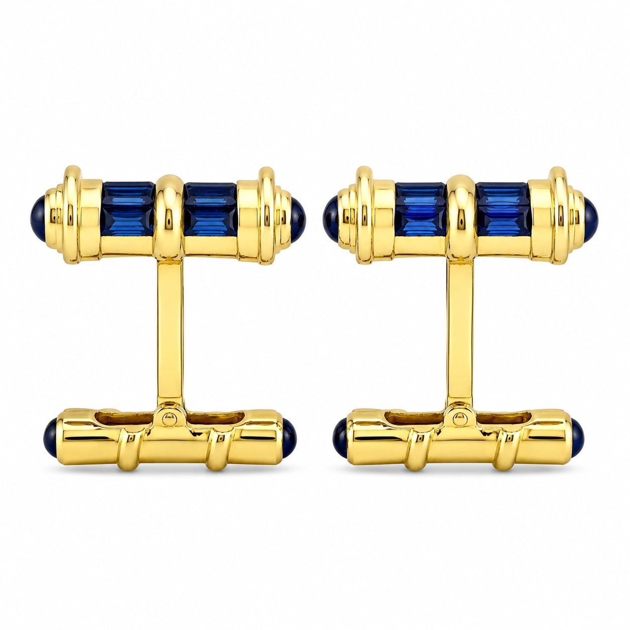 18K yellow gold sapphire cufflinks with blue barrel accents and hinged T-backs