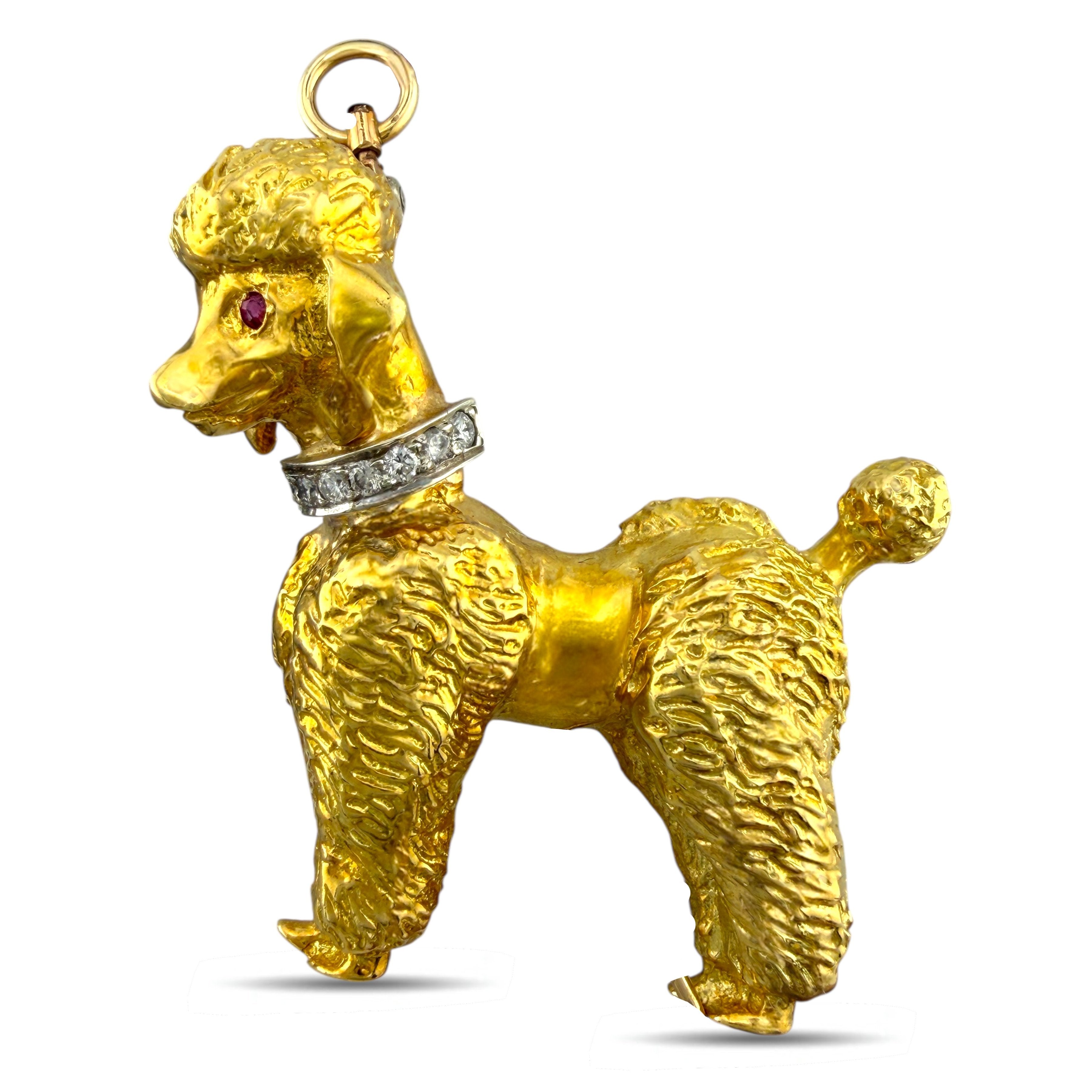 18 kt. Exclusive 18K Yellow Gold Diamond & Ruby French Poodle Brooch, Yellow gold -  0.10ct. tw. Diamond