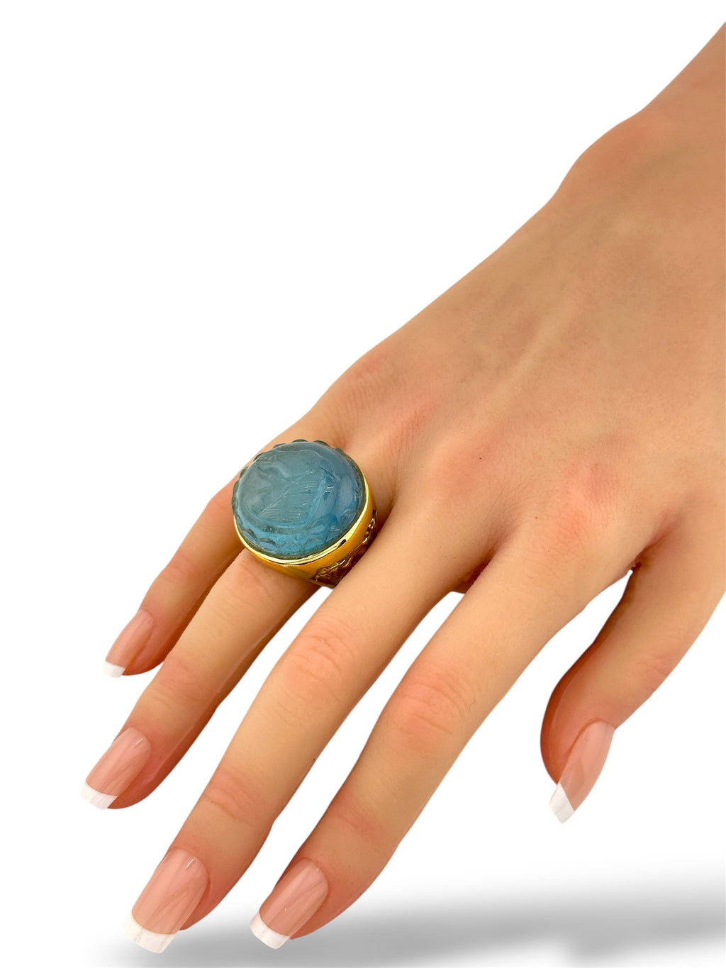 18K Gold Ring with Large Light Blue Horse Engraved Aquamarine