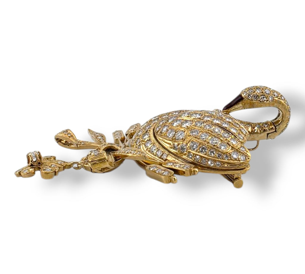 18K Yellow Gold Diamond Encrusted Swan Brooch 8ct