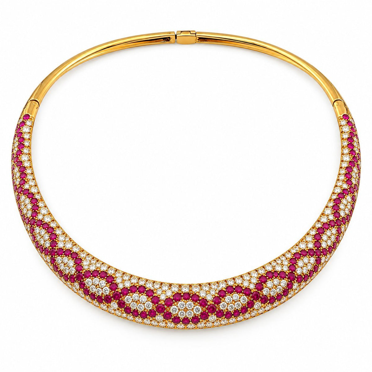 18K gold ruby and diamond necklace with curved pavé pattern