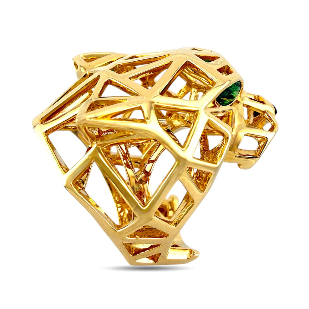18K yellow gold panther ring with green oval gemstone and open geometric lattice