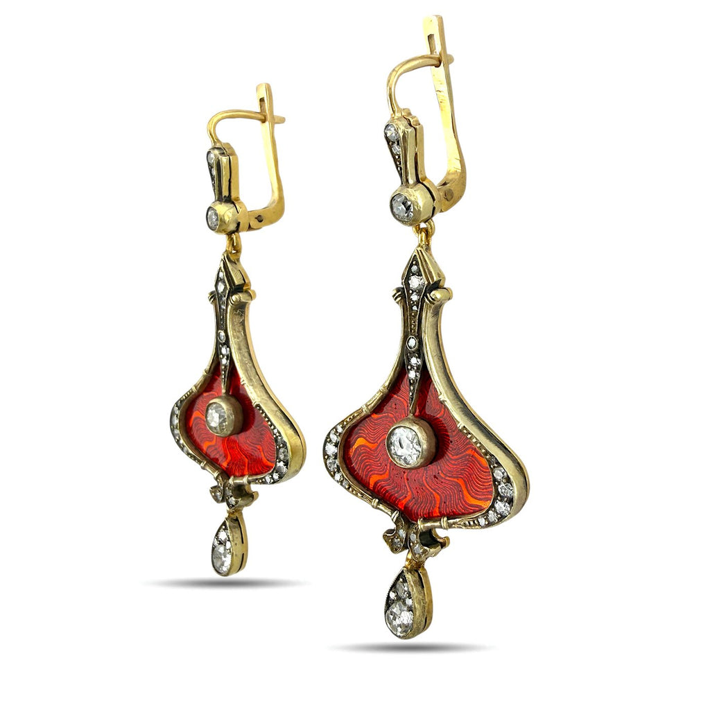 Imperial Russian 56K Yellow Gold 1.40ct Diamond and Red Enamel Earrings