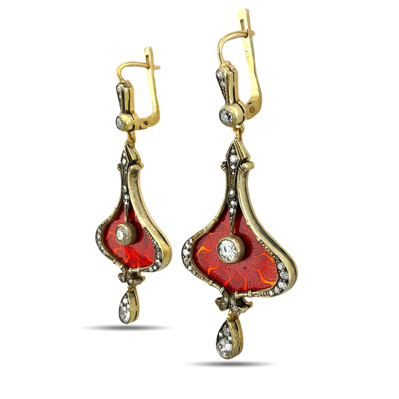 Imperial Russian 56K Yellow Gold 1.40ct Diamond and Red Enamel Earrings