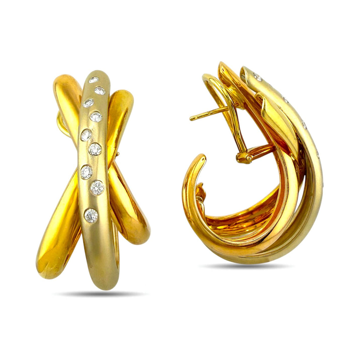 Gold clip-on earrings, front view: twisted oval hoops with a vertical diamond row