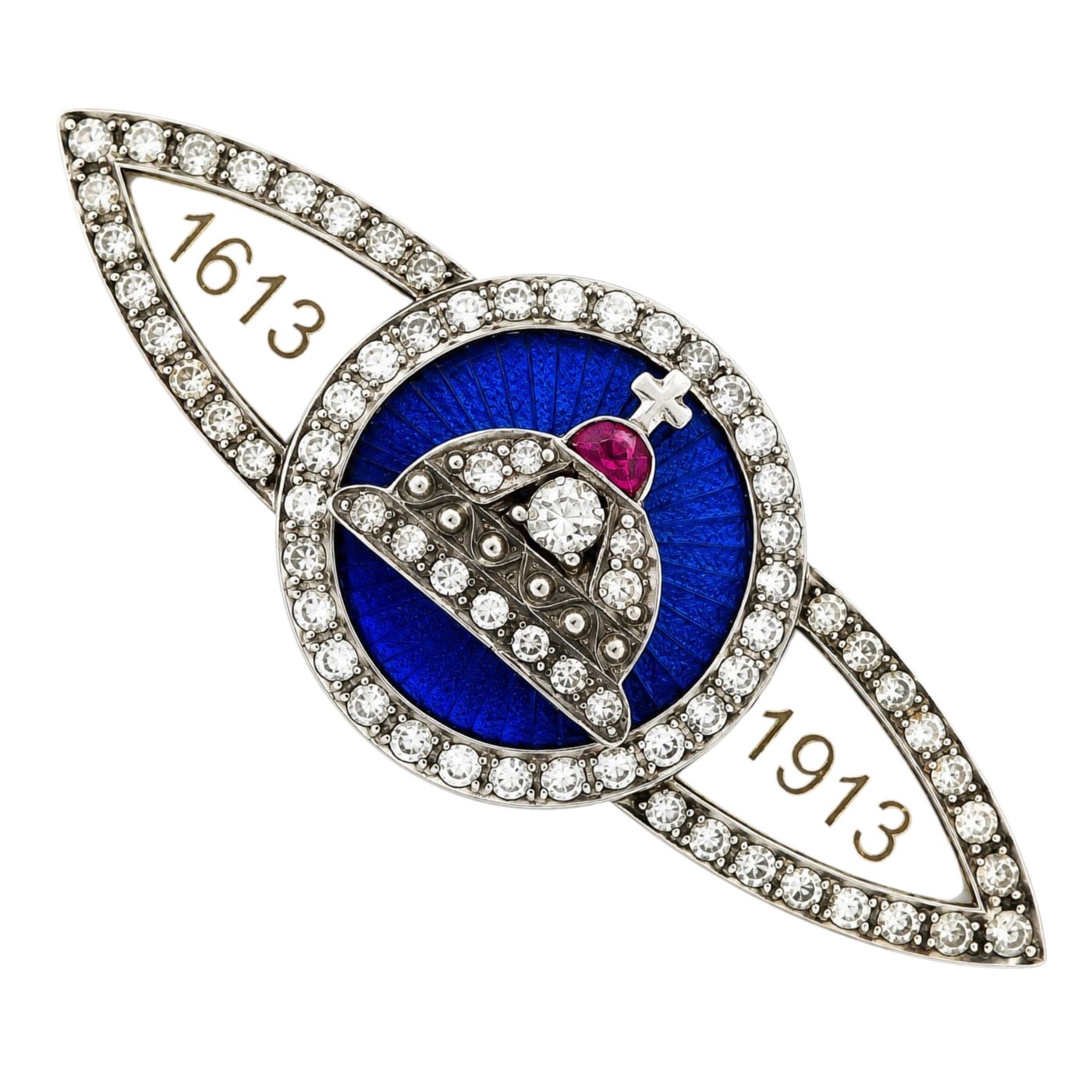 K. Faberge Imperial Russian 56 Rose Gold Romanov 300 Year Anniversary 1.70ct Diamond and Ruby Brooch