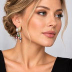 18K yellow gold floral dangle earring with diamonds, sapphire, emerald, and ruby