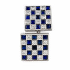 Square cufflink with blue sapphire checkerboard and white diamond frame, polished metal