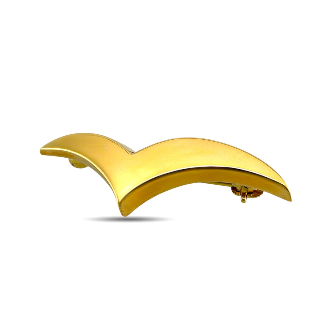 Yellow gold swan silhouette brooch side view with visible hinge clasp pin