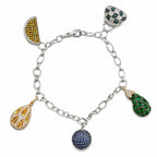 Three-tone gold charm bracelet with blue, green, yellow gemstone drops
