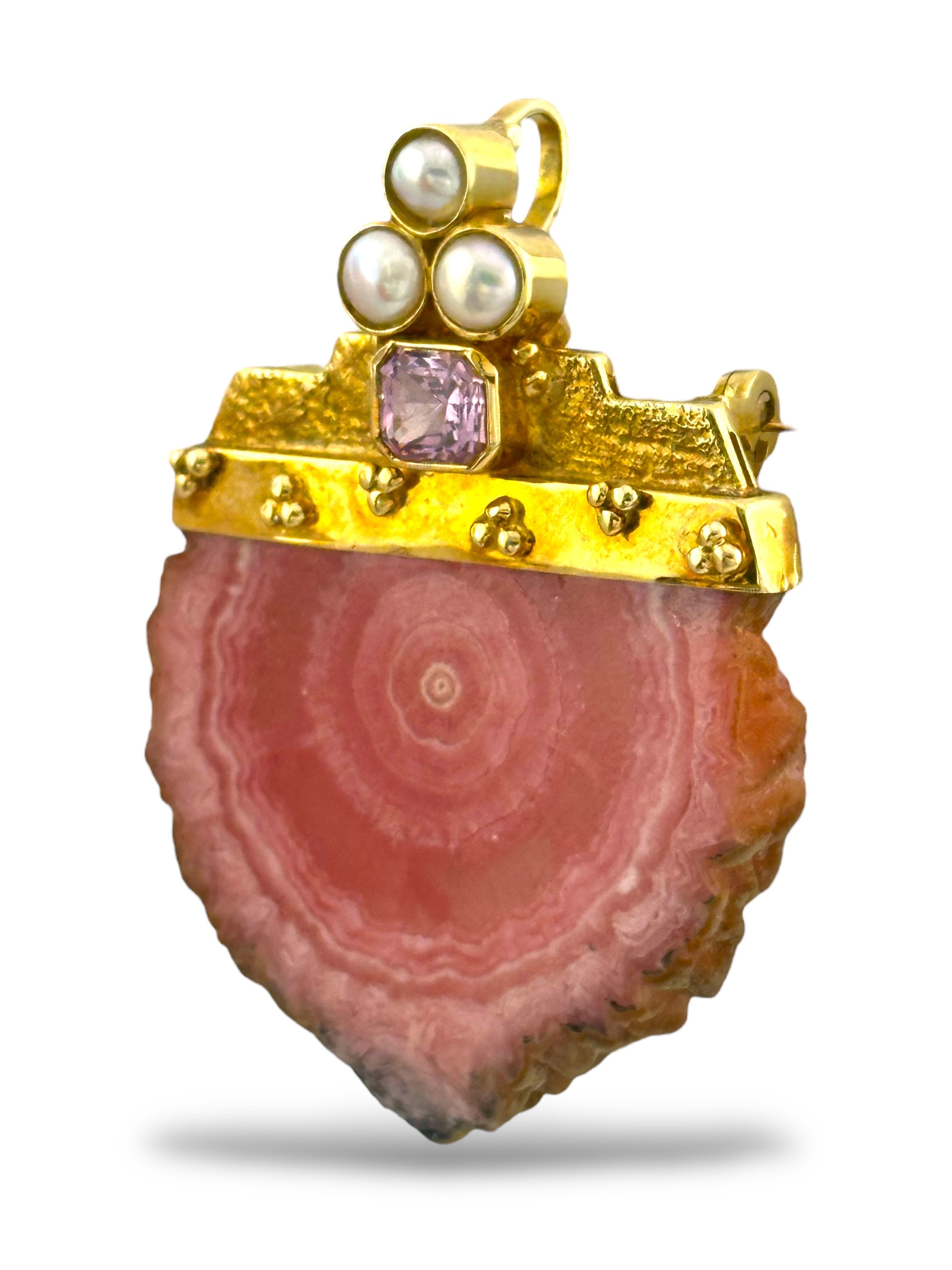 Brooch - 18 kt. Yellow gold, 18K Yellow Gold Brooch / Necklace  with 1.55Ct Kunzite, Rhodochrosite, and Pearls
