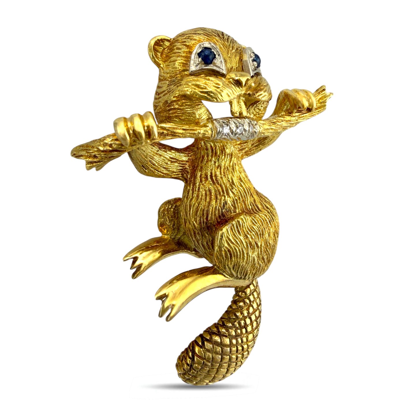 18K Yellow Gold 0.05ct Diamond and Sapphire Beaver Brooch