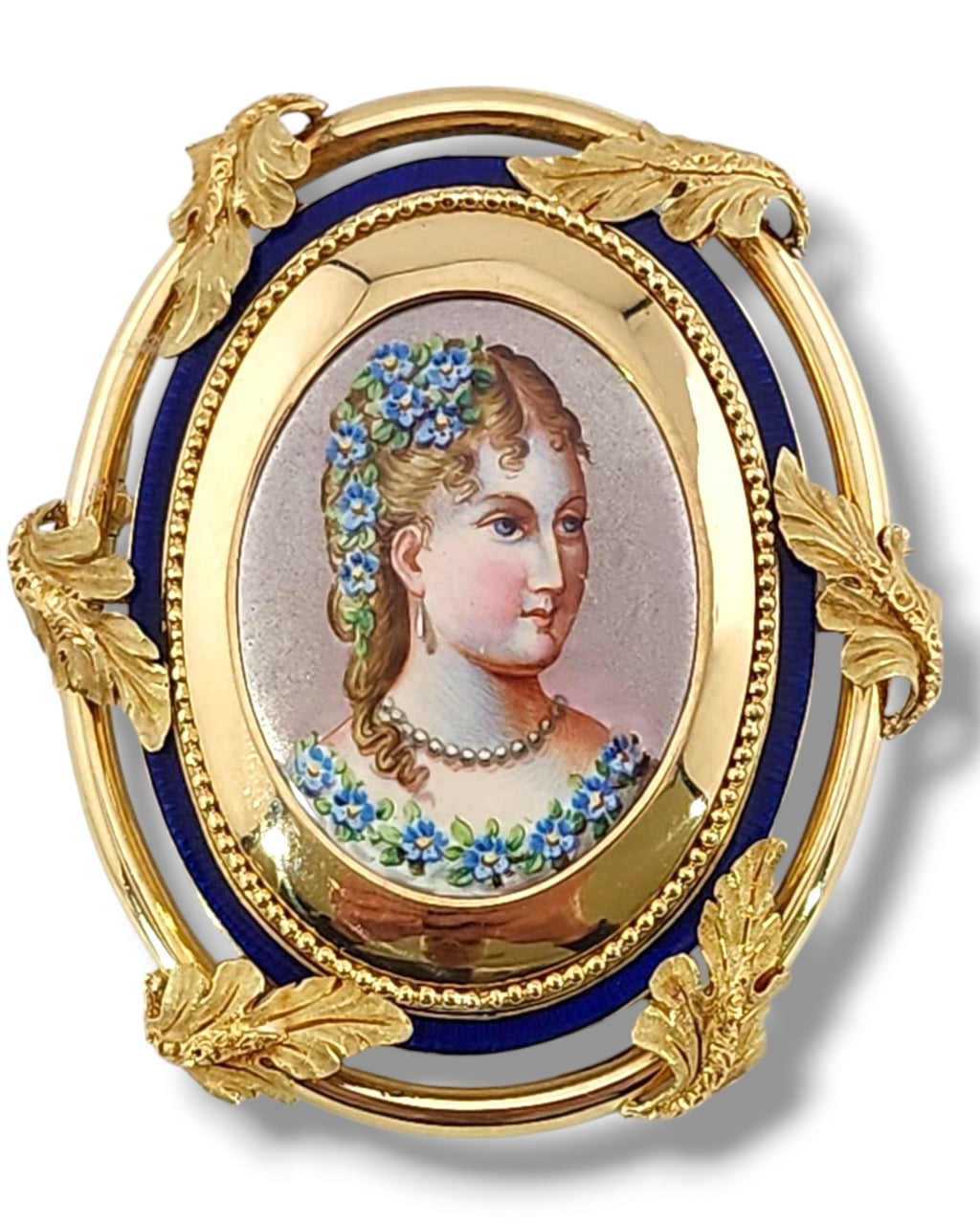 French 19th Century 18K Gold and Enamel Portrait Antique Brooch