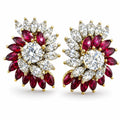 White and yellow gold cluster earrings with round diamonds and marquise ruby stones