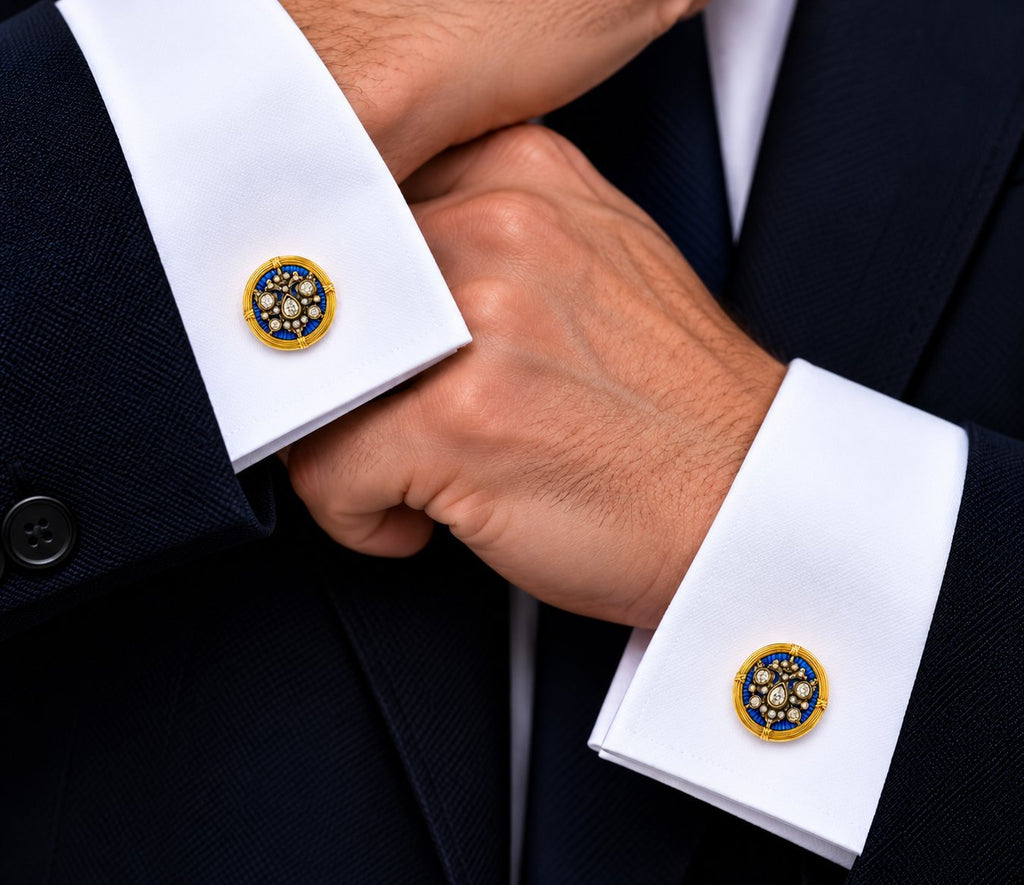 Gold-tone cufflinks with blue enamel crest and small diamond-like stones, worn on cuffs
