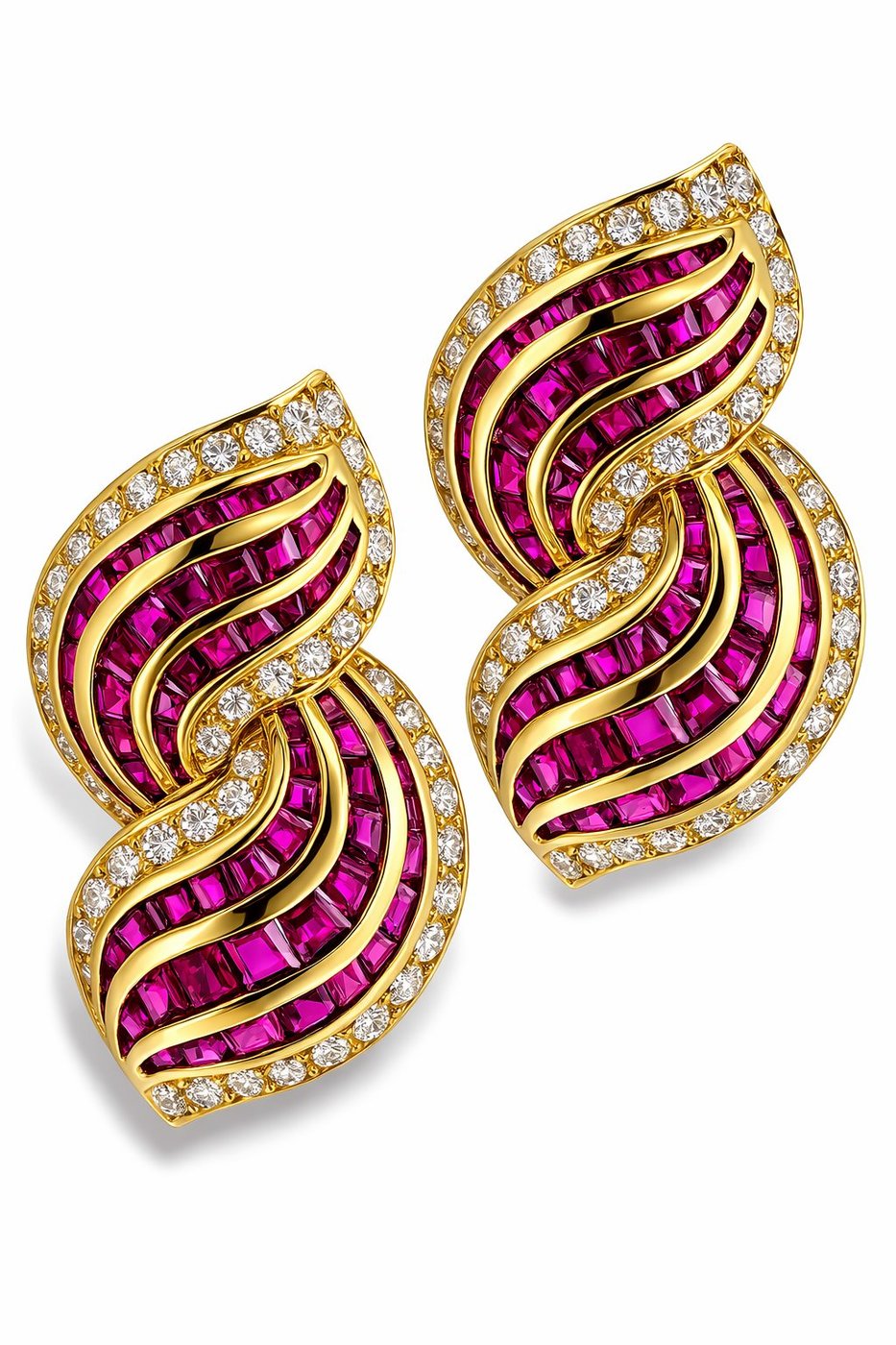 18K Yellow Gold 6ct Diamond and 5.4ct Ruby Earrings