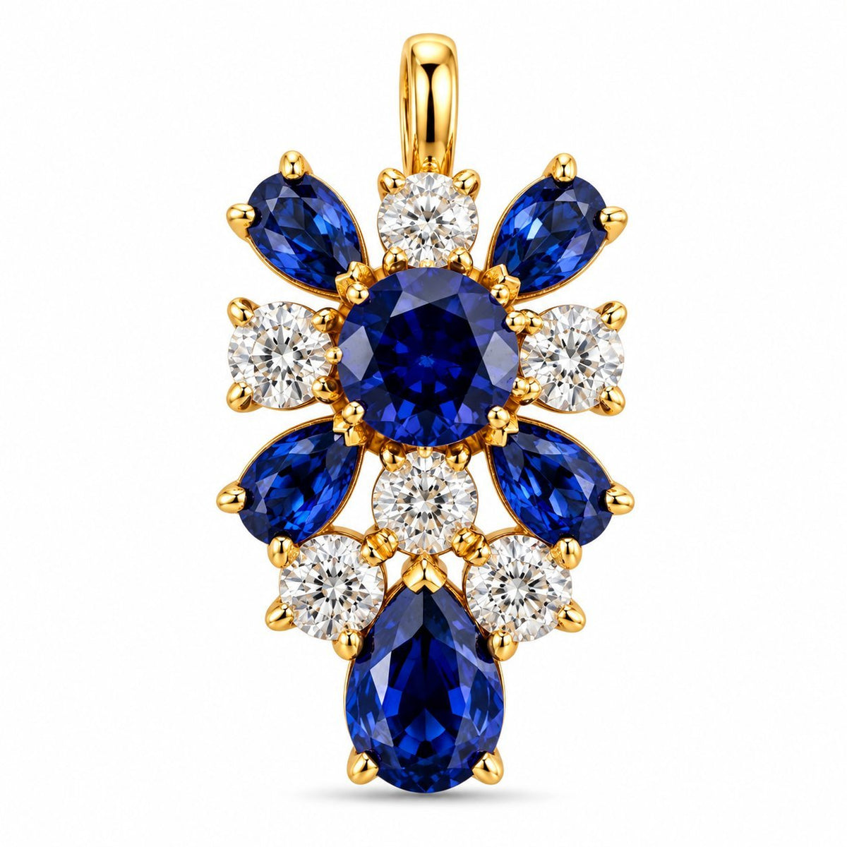 K. Faberge rose gold sapphire and diamond floral drop earring with blue center stones
