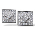 14K white gold diamond stud earrings with square halo and baguette accents