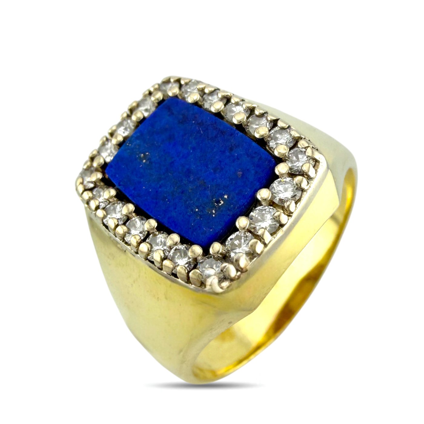 14K yellow gold ring with lapis lazuli center and diamond halo
