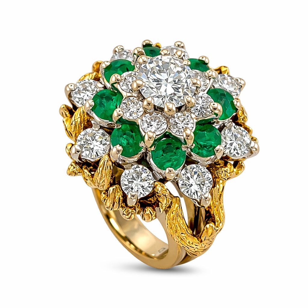 14K Yellow Gold Ring Featuring 17 Sparkling Diamonds and 8 Vibrant Emeralds