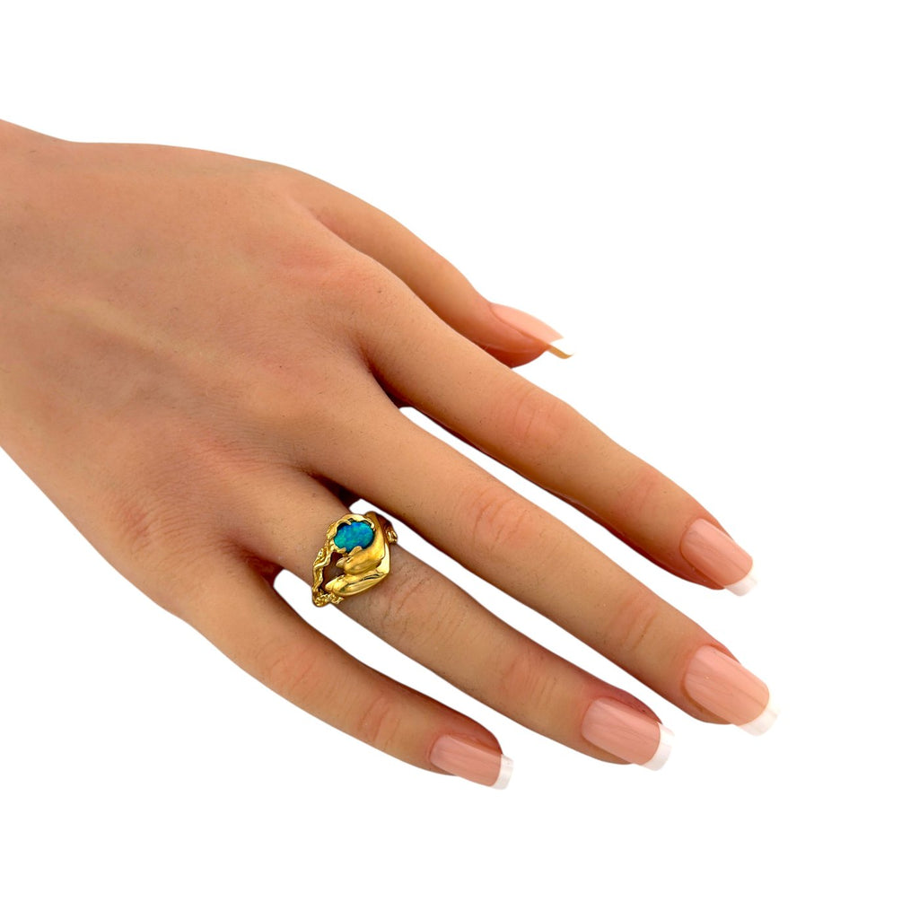 Vintage 14K Yellow Gold Dolphin Motif 0.4ct Opal Ring