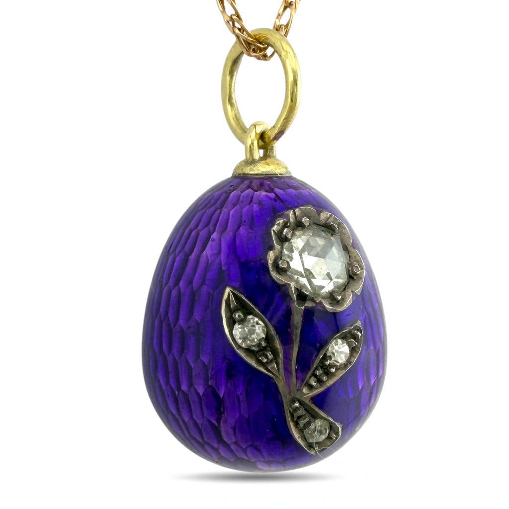 Imperial Russian Faberge 14K Yellow Gold Purple Enamel and 0.5ct Diamond Egg Pendant