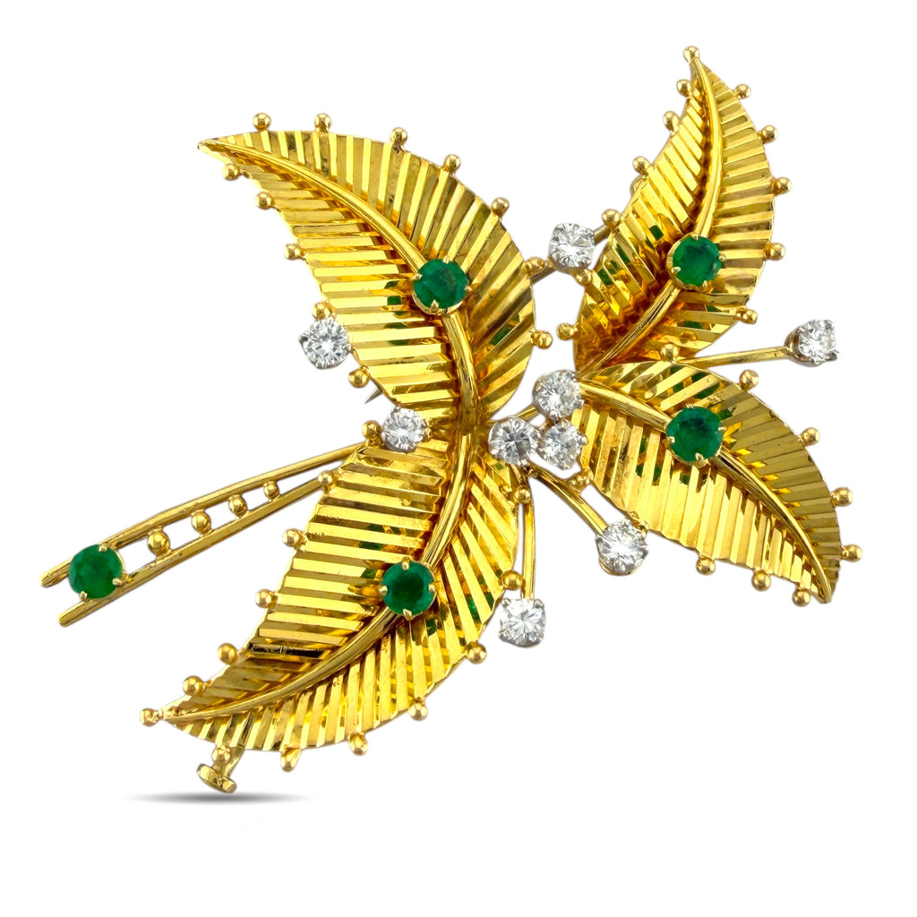 Cartier 18K Yellow Gold 0.9ct Diamond and 0.9ct Emerald Palm Flower Brooch