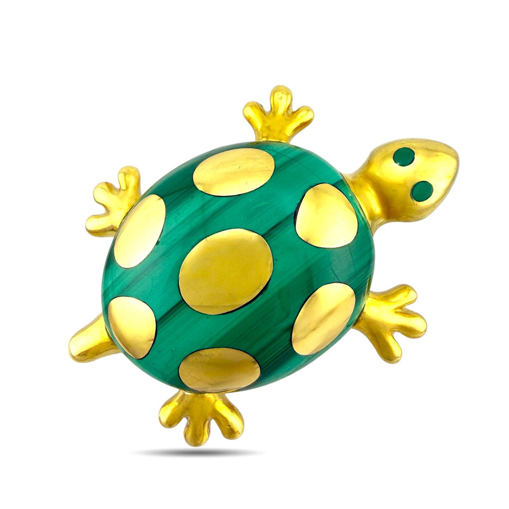 Turtle brooch in gold with green malachite shell and yellow gold dot inlays