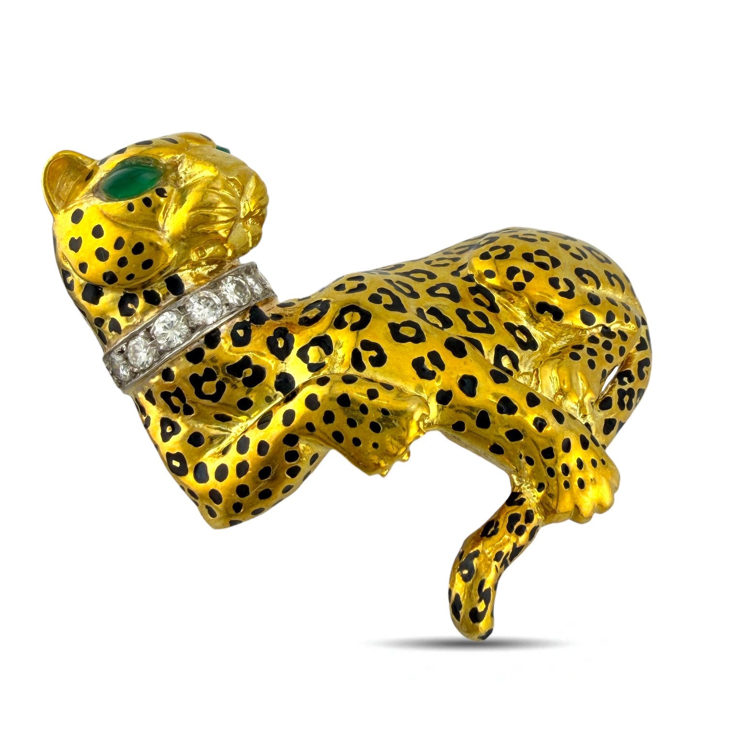 Brooch - 18 kt. Yellow gold, Exclusive Vintage 18K Yellow Gold Leopard 0.54ct Diamond Collar and Emerald Eyes Brooch -  0.54ct. tw. Diamond (Natural)