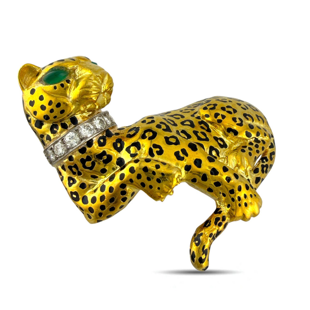 Vintage 18K Yellow Gold Leopard 0.54ct Diamond Collar and Emerald Eyes Brooch