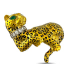 Vintage 18K Yellow Gold Leopard 0.54ct Diamond Collar and Emerald Eyes Brooch