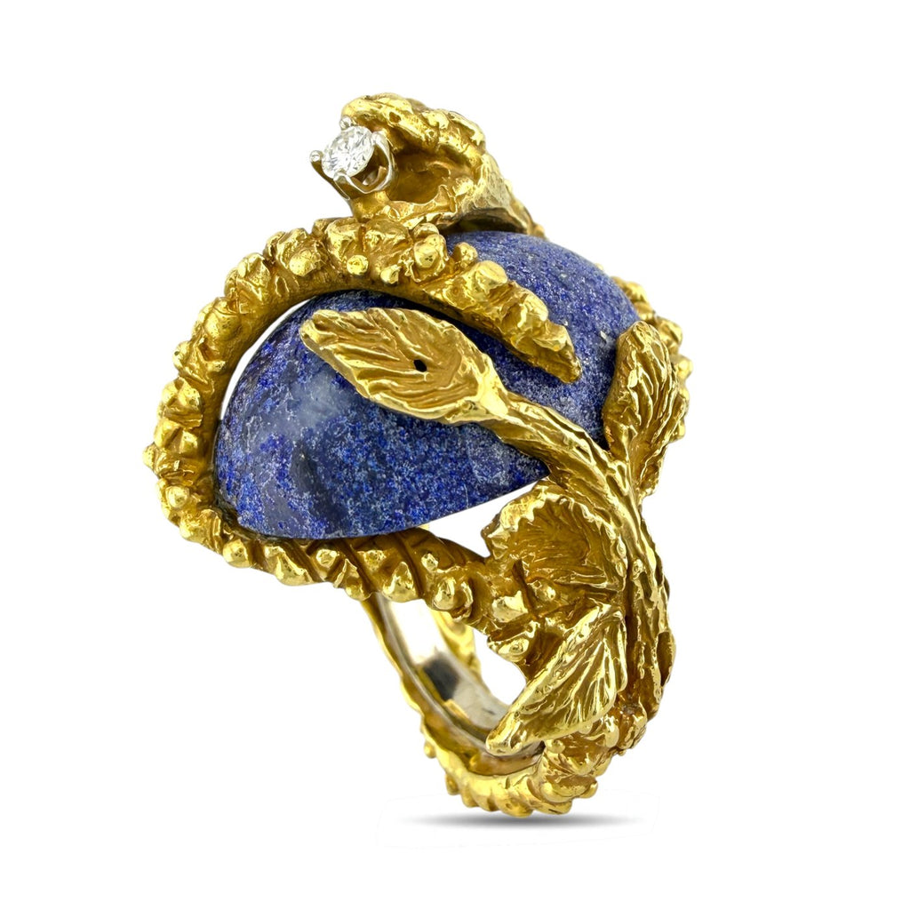 18K Yellow Gold Lapis 0.08ct Diamond and 40ct Sapphire Snake Ring