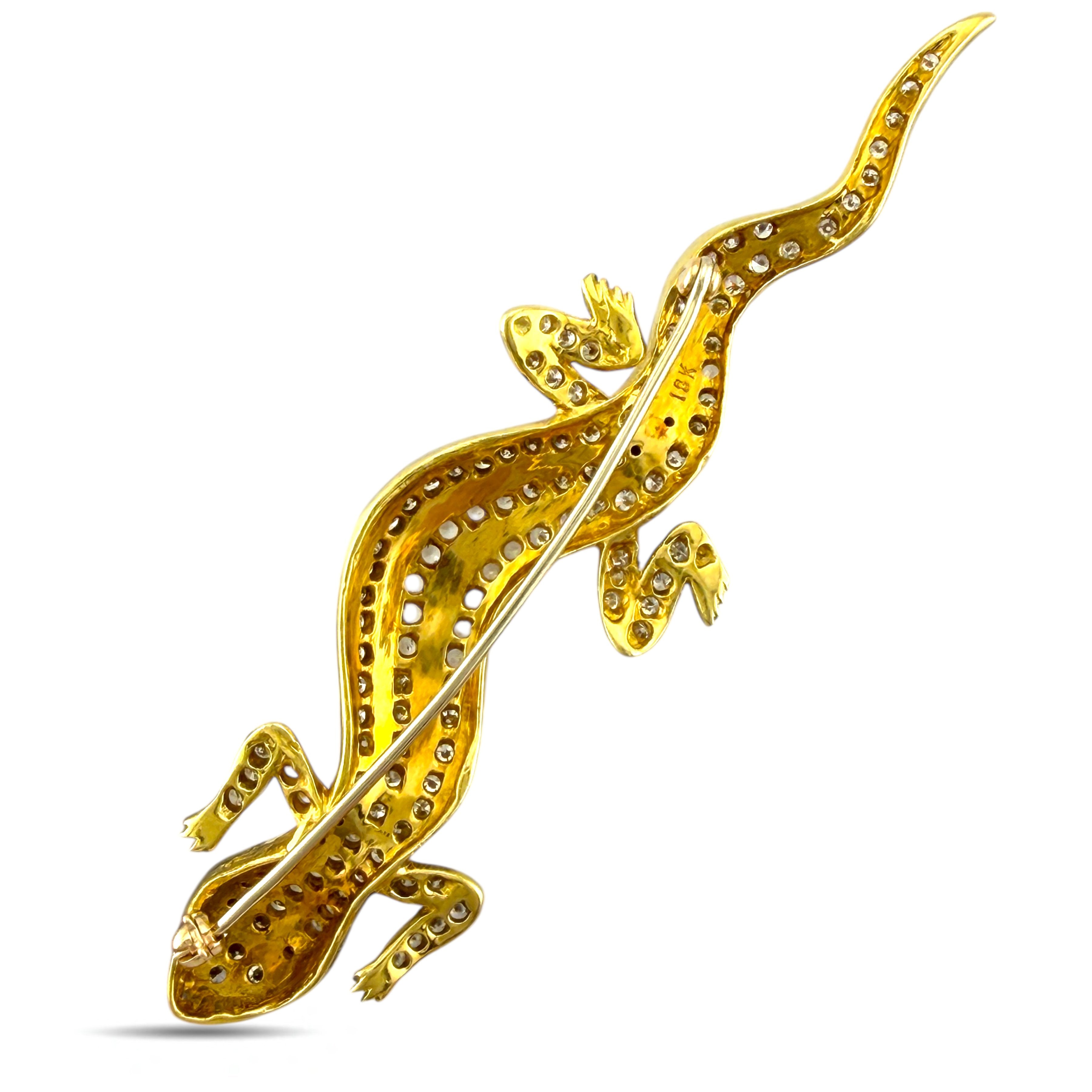 Brooch - 18 kt. Yellow gold, Exclusive 18K Yellow Gold 1.41ct Diamond and Emerald Lizard Brooch -  1.41ct. tw. Diamond (Natural)