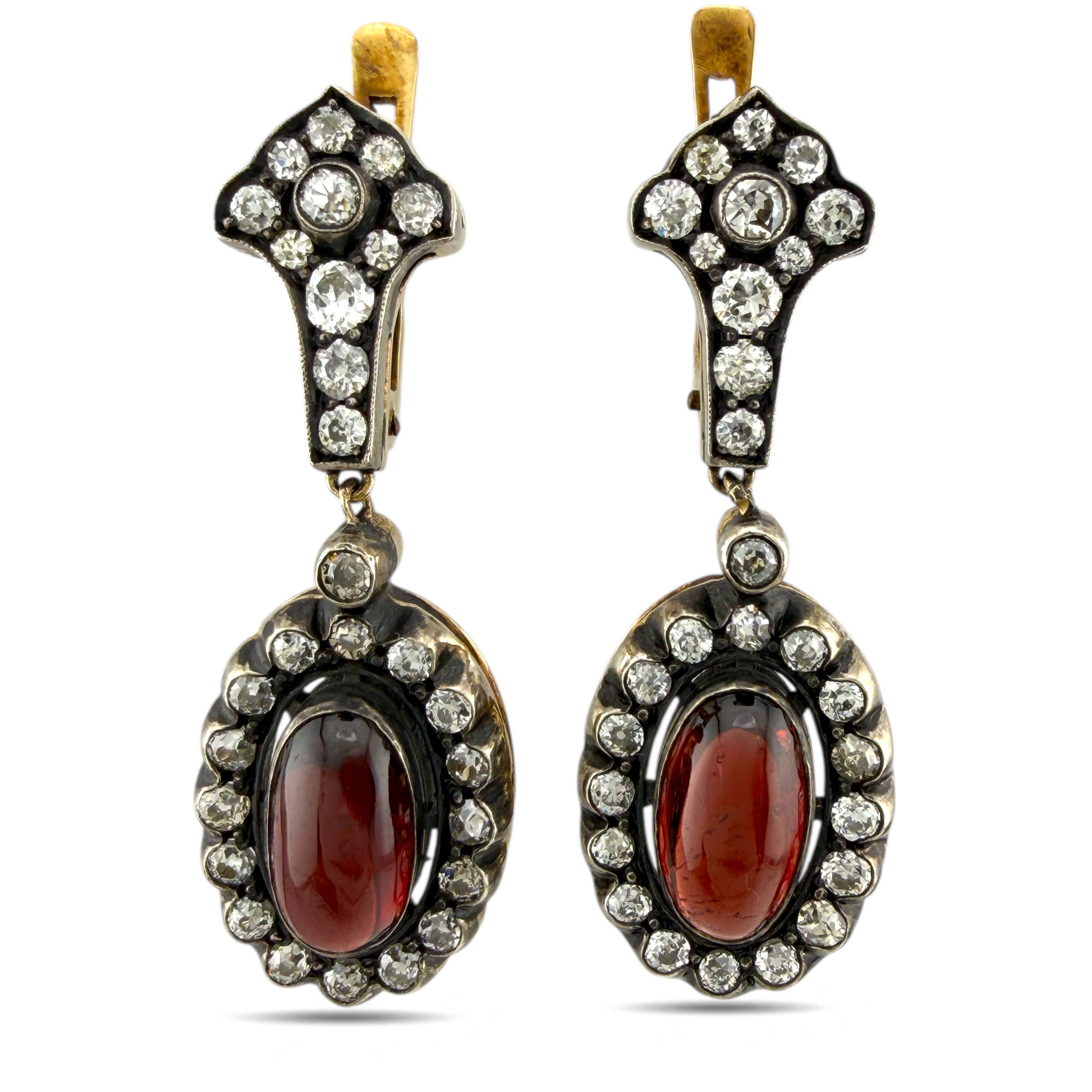 Antique Imperial Russian 56K Yellow Gold 2.46ct and Burgundy Garnet Earrings