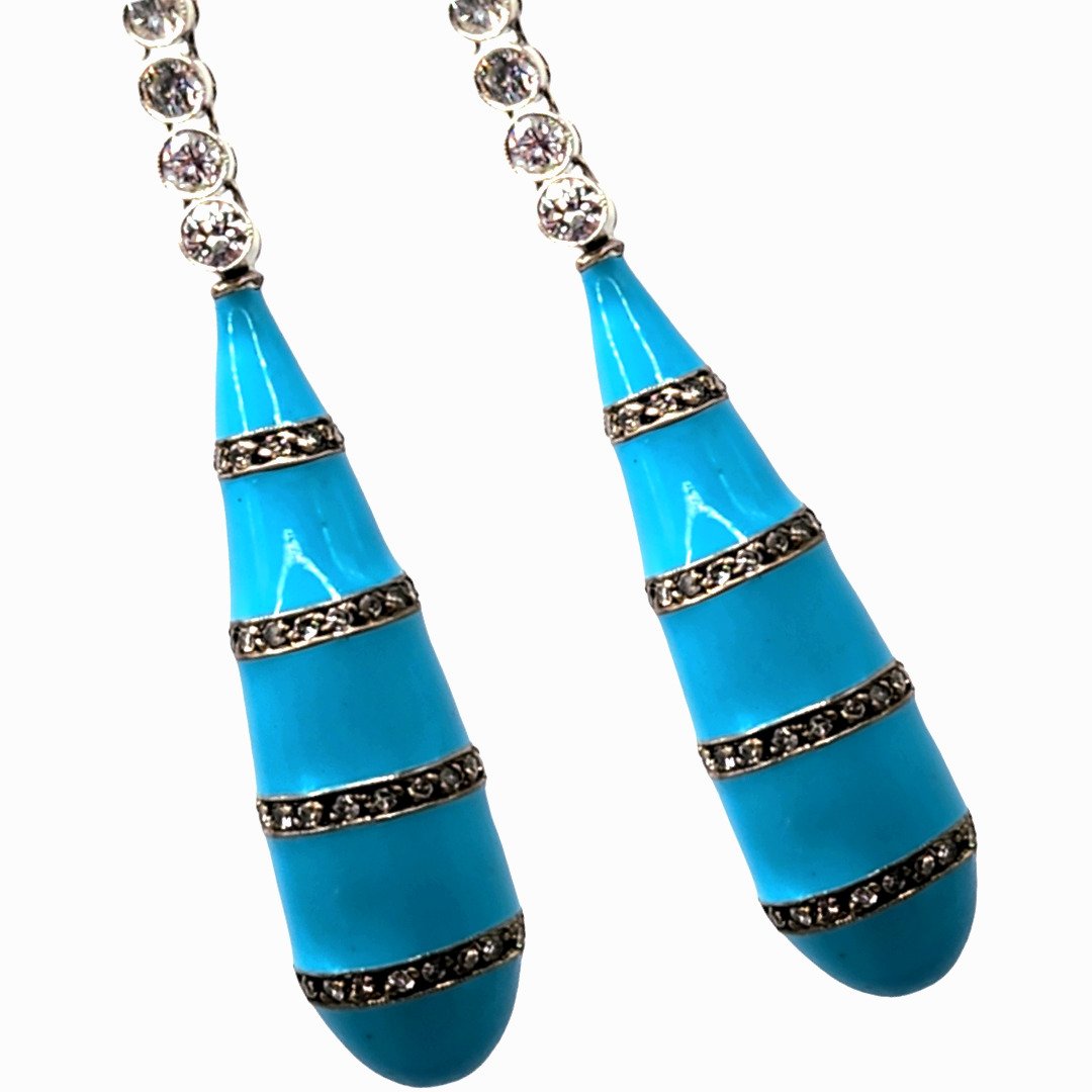 Long 18K Gold, Diamond and Turquoise Earrings