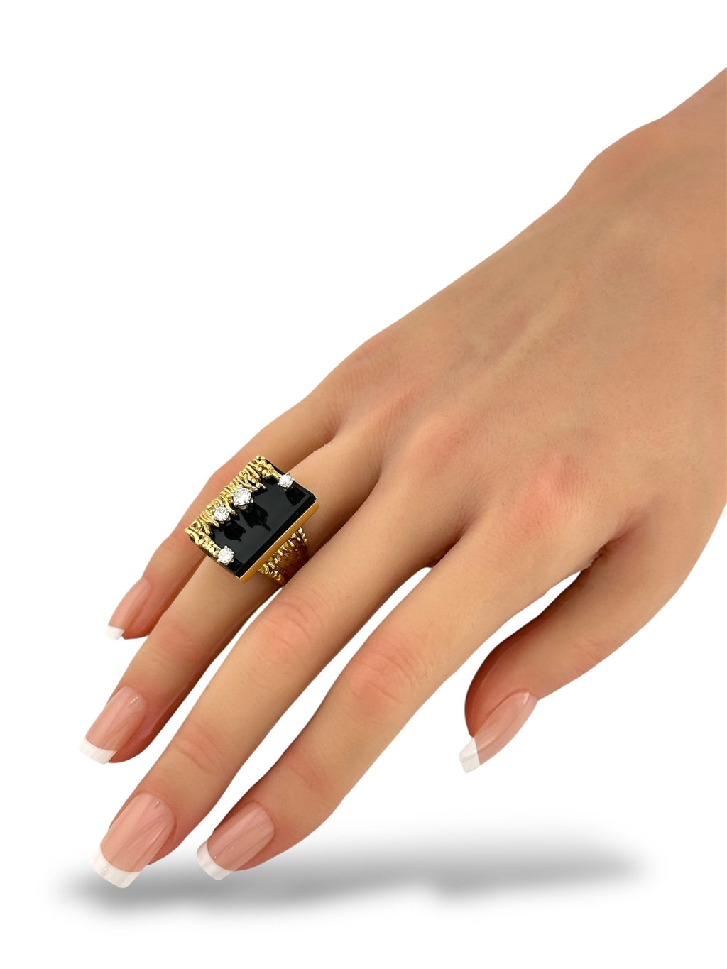 18K Yellow Gold Ring with Diamonds, Black Stone and Pressure-Relief Mechanism