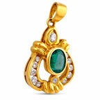 18k yellow gold pendant with oval green emerald and diamond accents in openwork setting