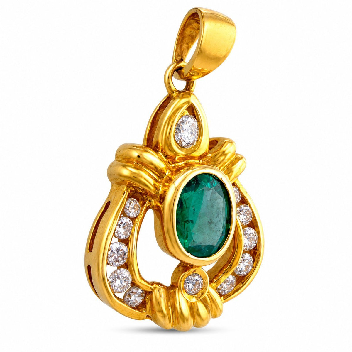 18k yellow gold pendant with oval green emerald and diamond accents in openwork setting