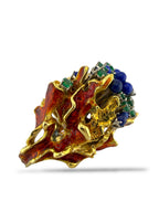 18K Yellow Gold Diamond Emerald Sapphire and Red Enamel Statement Ring
